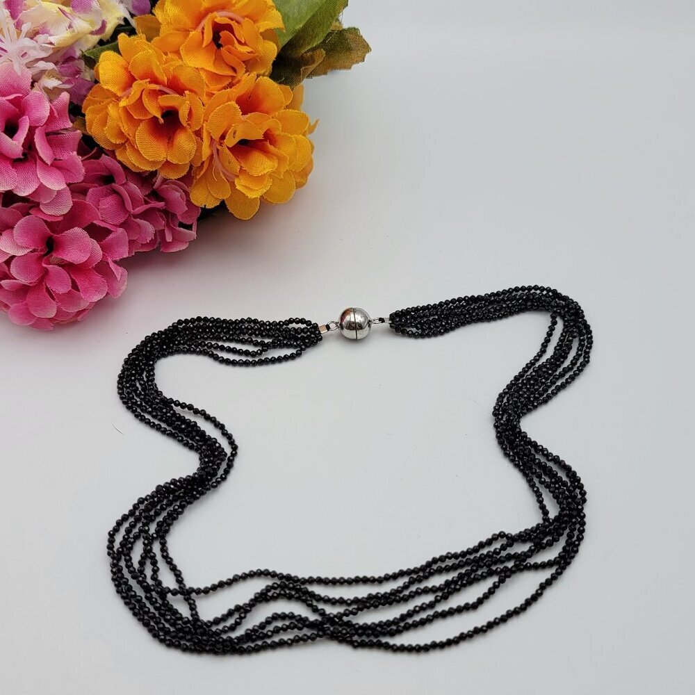 Black Crystal Seed Bead 6-Strand Choker Necklace 925 Silver Magnetic Clasp 18"